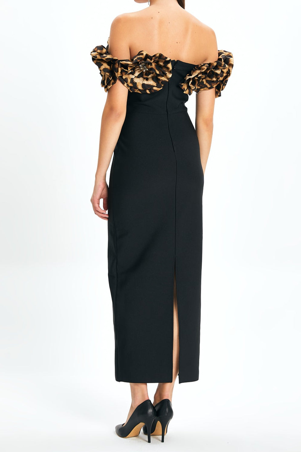 3D LEOPARD FLOWER BANDAGE MAXI DRESS, BLACK