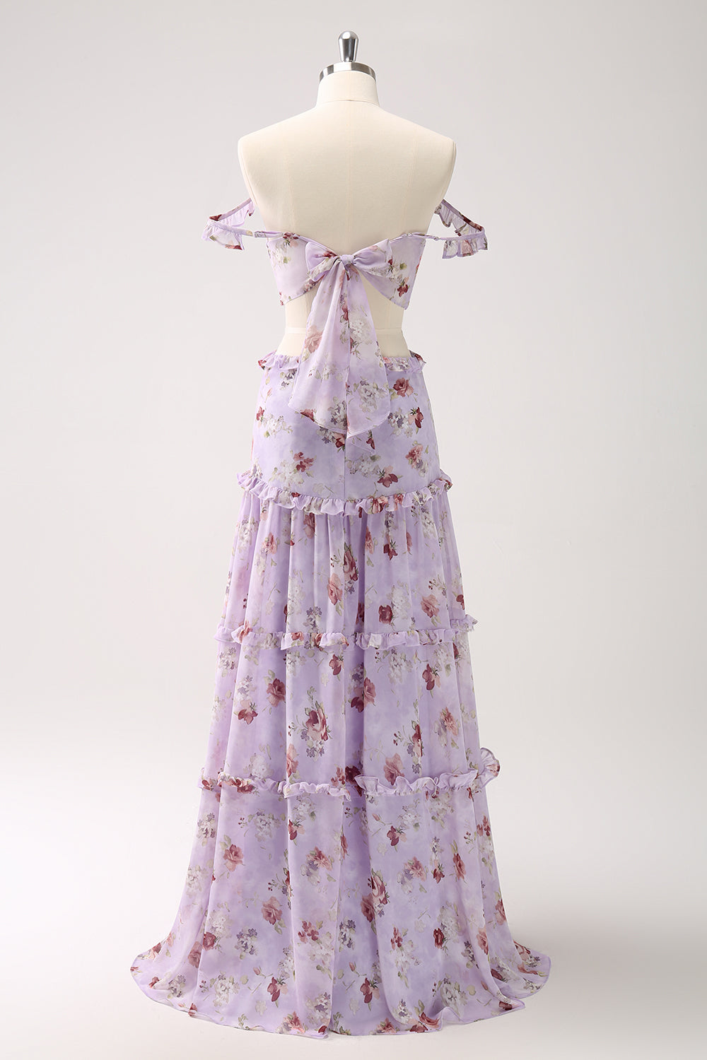 A-LINE GREY PURPLE FLORAL OFF-SHOULDER LONG PROM DRESS