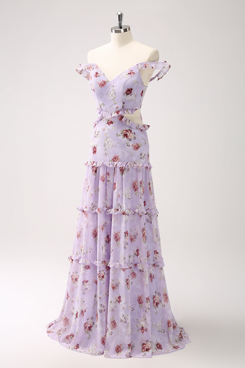 A-LINE GREY PURPLE FLORAL OFF-SHOULDER LONG PROM DRESS