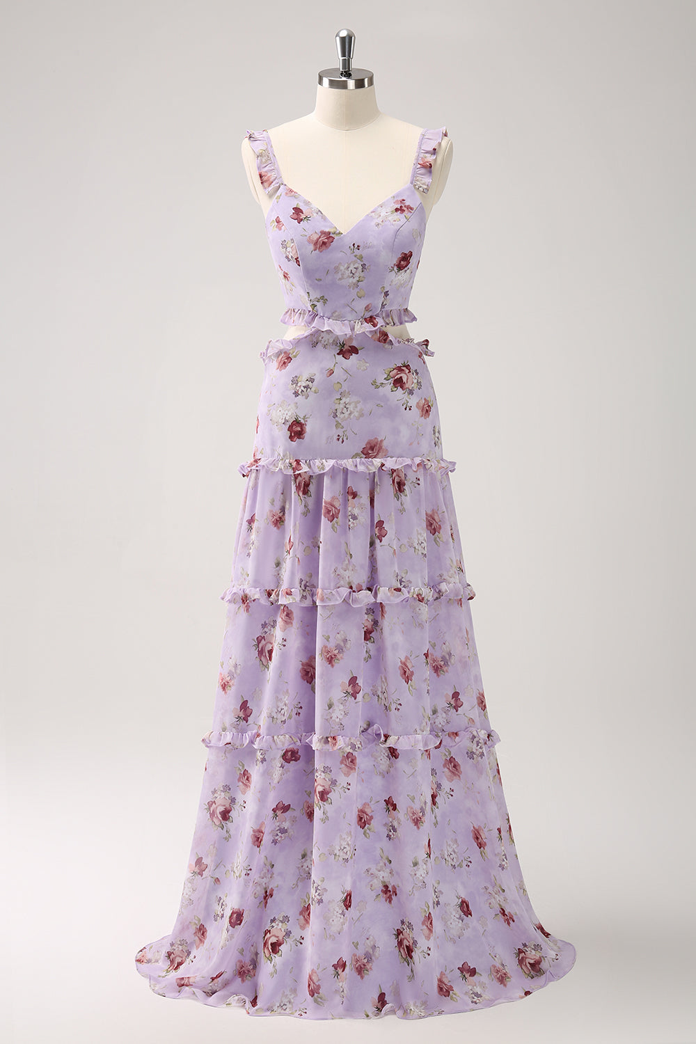 A-LINE GREY PURPLE FLORAL OFF-SHOULDER LONG PROM DRESS