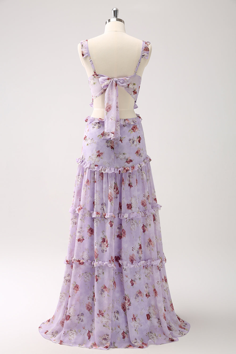 A-LINE GREY PURPLE FLORAL OFF-SHOULDER LONG PROM DRESS