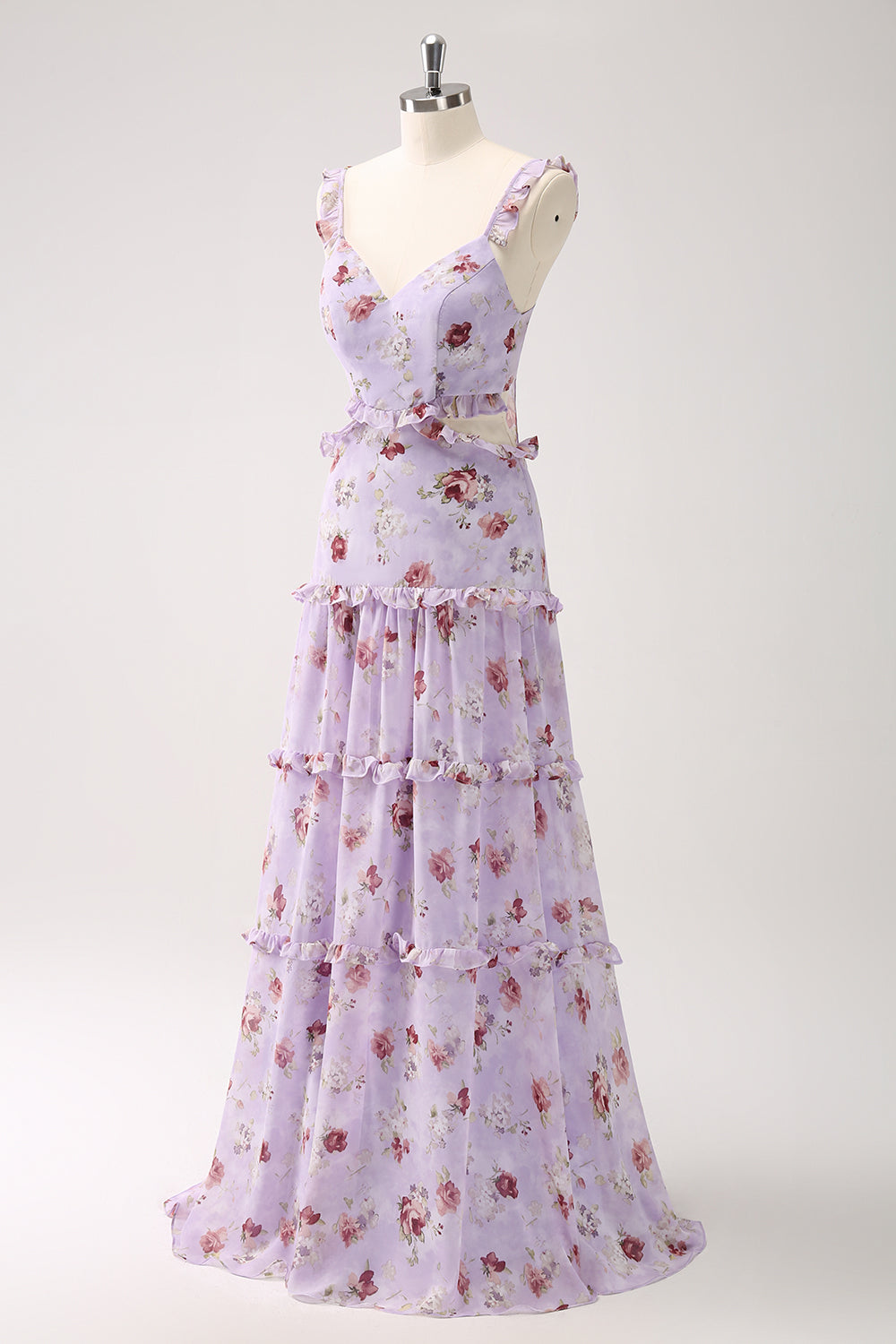 A-LINE GREY PURPLE FLORAL OFF-SHOULDER LONG PROM DRESS
