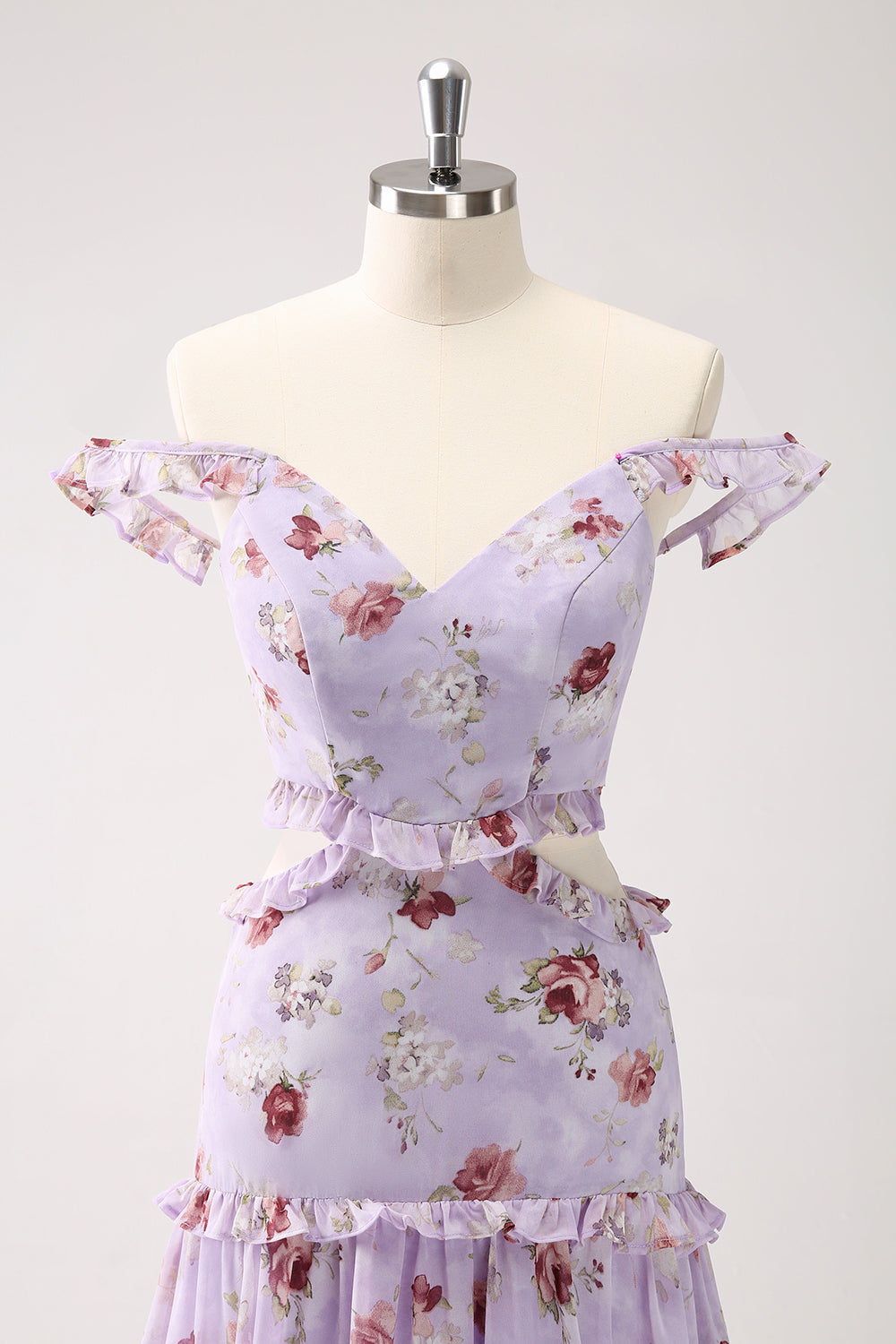 A-LINE GREY PURPLE FLORAL OFF-SHOULDER LONG PROM DRESS