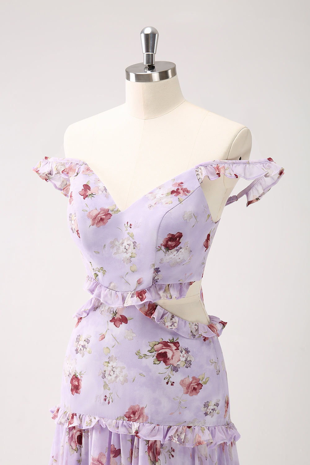A-LINE GREY PURPLE FLORAL OFF-SHOULDER LONG PROM DRESS