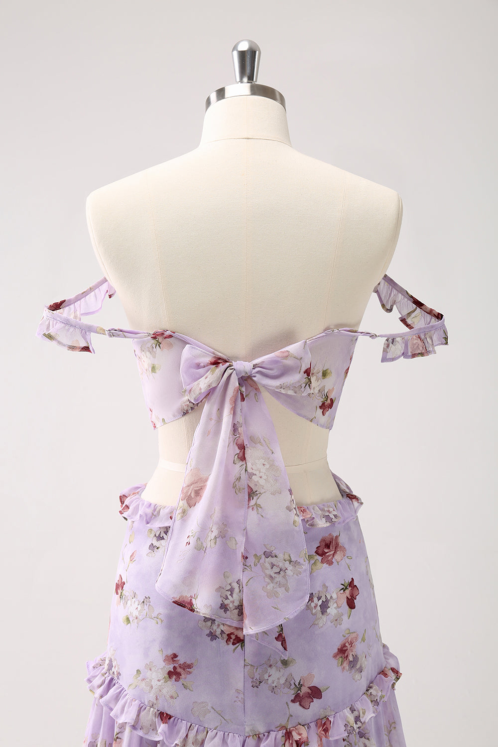 A-LINE GREY PURPLE FLORAL OFF-SHOULDER LONG PROM DRESS