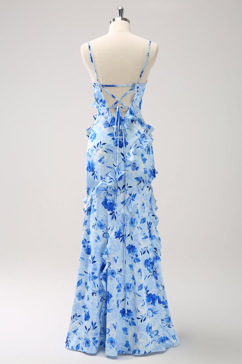 BLUE SHEATH SPAGHETTI STRAP FLORAL LONG PROM DRESS
