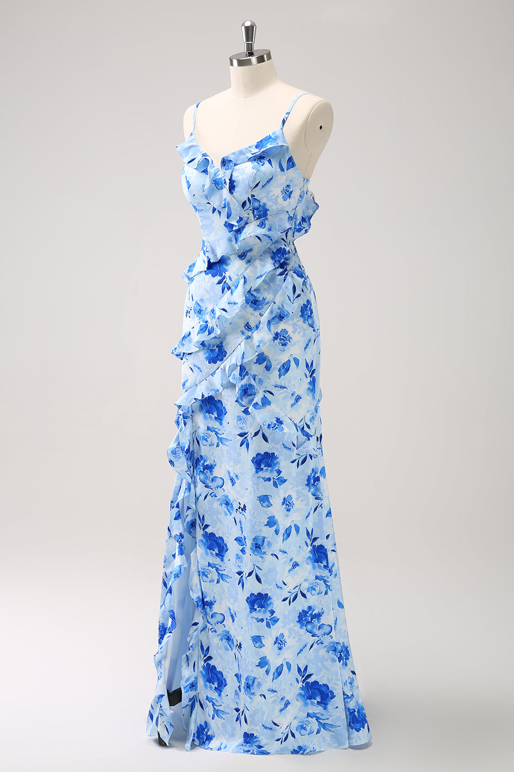 BLUE SHEATH SPAGHETTI STRAP FLORAL LONG PROM DRESS