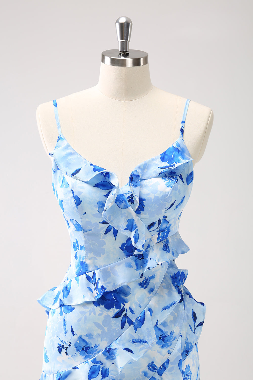 BLUE SHEATH SPAGHETTI STRAP FLORAL LONG PROM DRESS