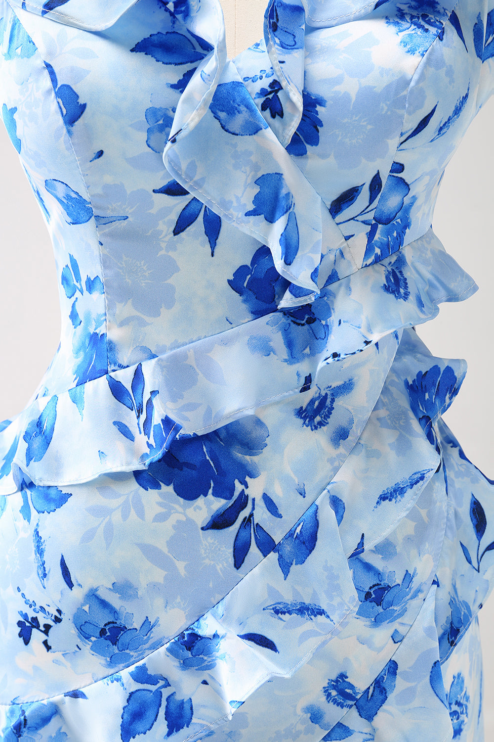BLUE SHEATH SPAGHETTI STRAP FLORAL LONG PROM DRESS