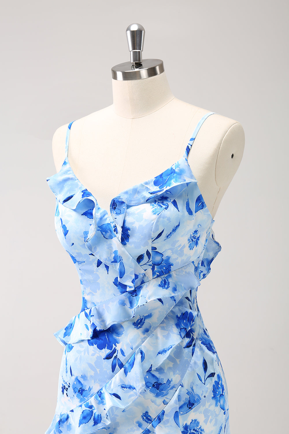 BLUE SHEATH SPAGHETTI STRAP FLORAL LONG PROM DRESS