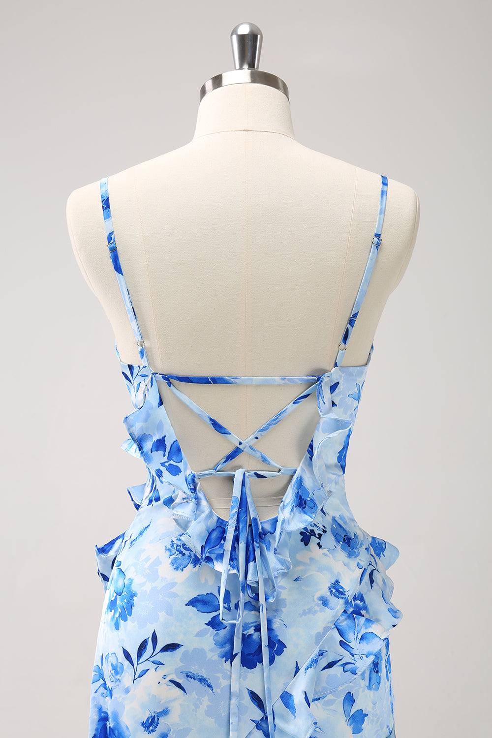 BLUE SHEATH SPAGHETTI STRAP FLORAL LONG PROM DRESS