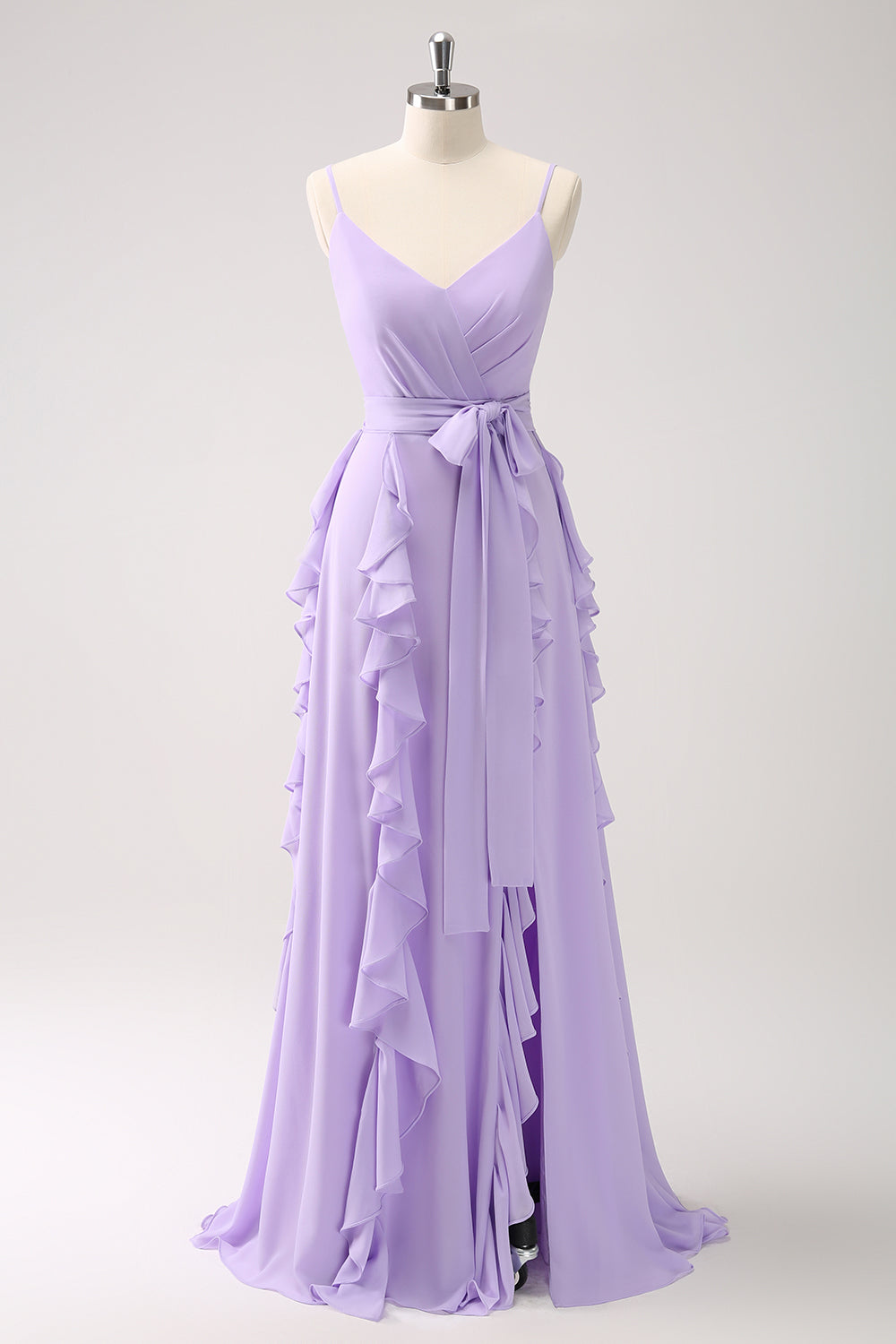 A-LINE LILAC SPAGHETTI STRAP PROM DRESS WITH RUFFLE SLIT
