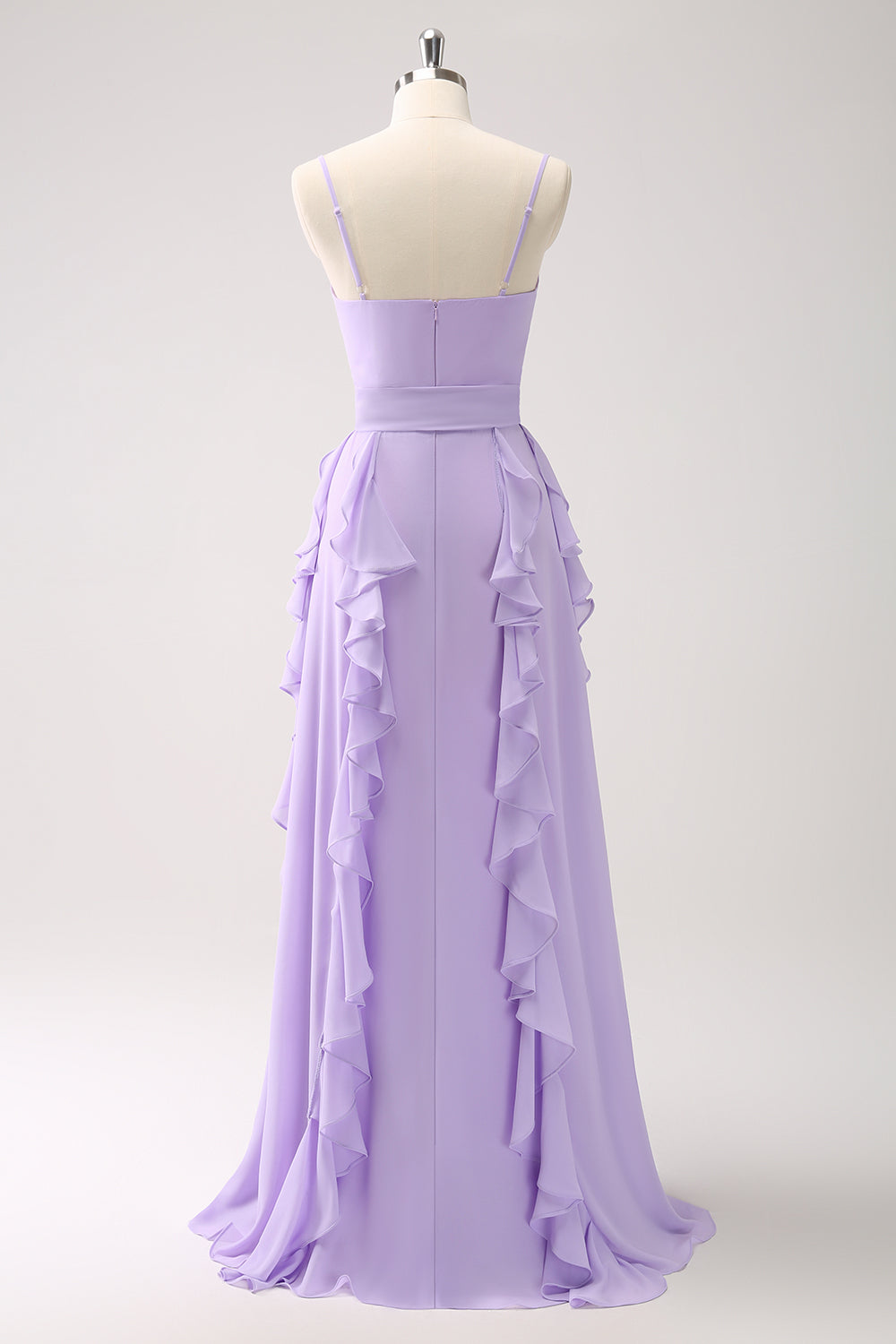 A-LINE LILAC SPAGHETTI STRAP PROM DRESS WITH RUFFLE SLIT