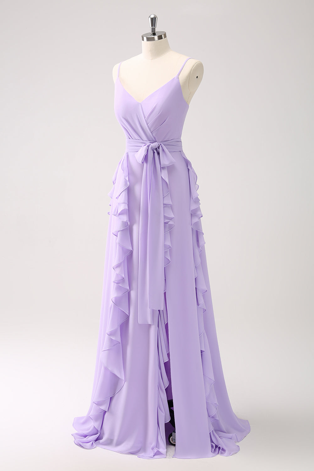 A-LINE LILAC SPAGHETTI STRAP PROM DRESS WITH RUFFLE SLIT