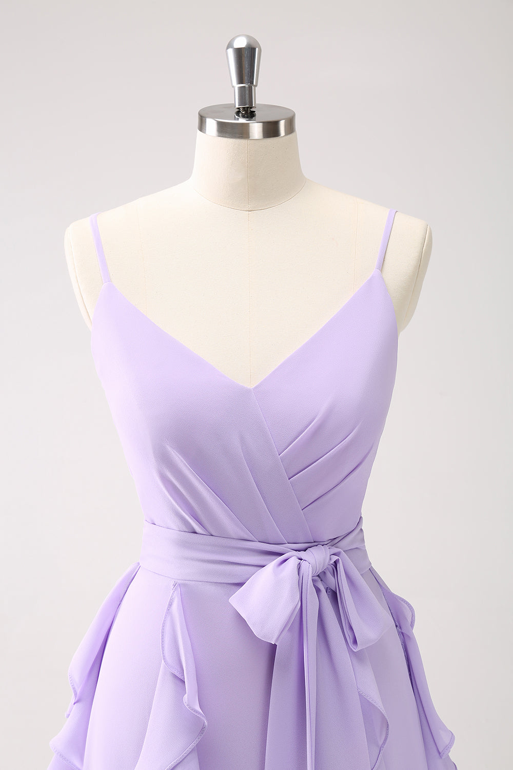 A-LINE LILAC SPAGHETTI STRAP PROM DRESS WITH RUFFLE SLIT