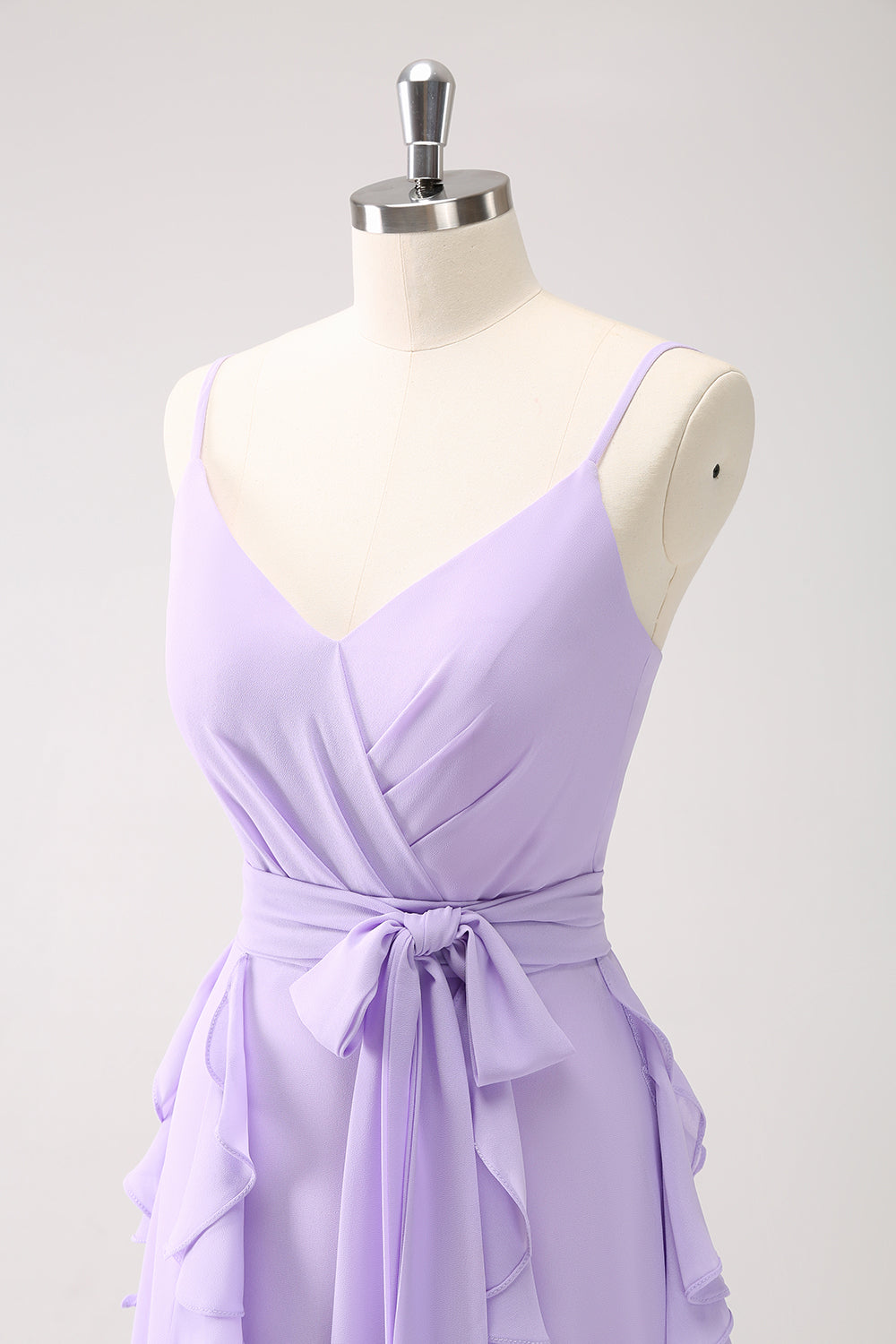 A-LINE LILAC SPAGHETTI STRAP PROM DRESS WITH RUFFLE SLIT