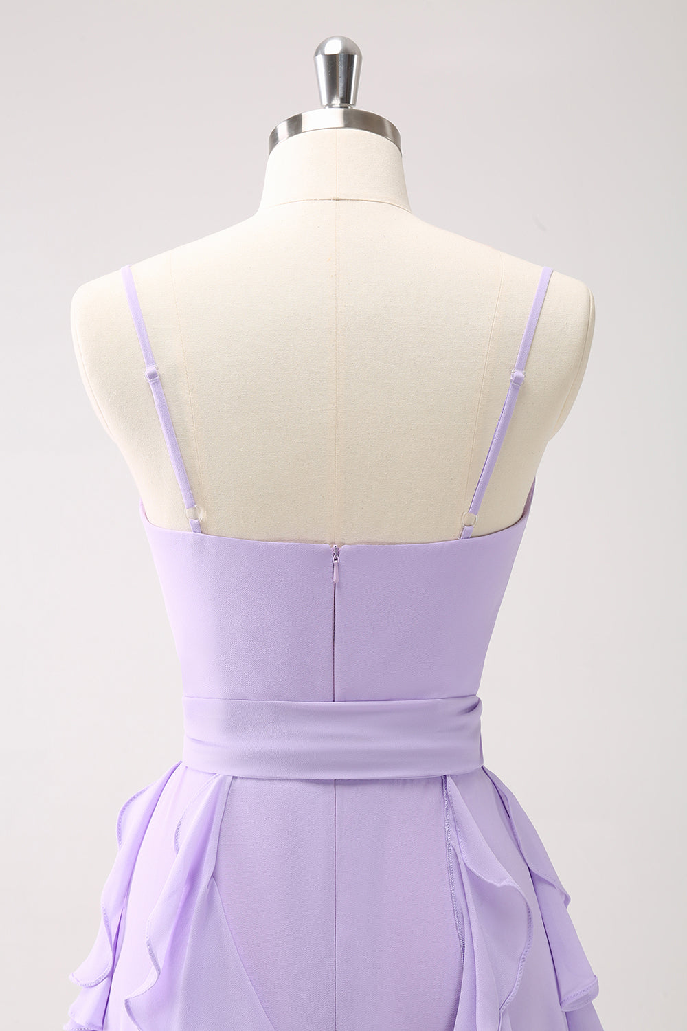 A-LINE LILAC SPAGHETTI STRAP PROM DRESS WITH RUFFLE SLIT