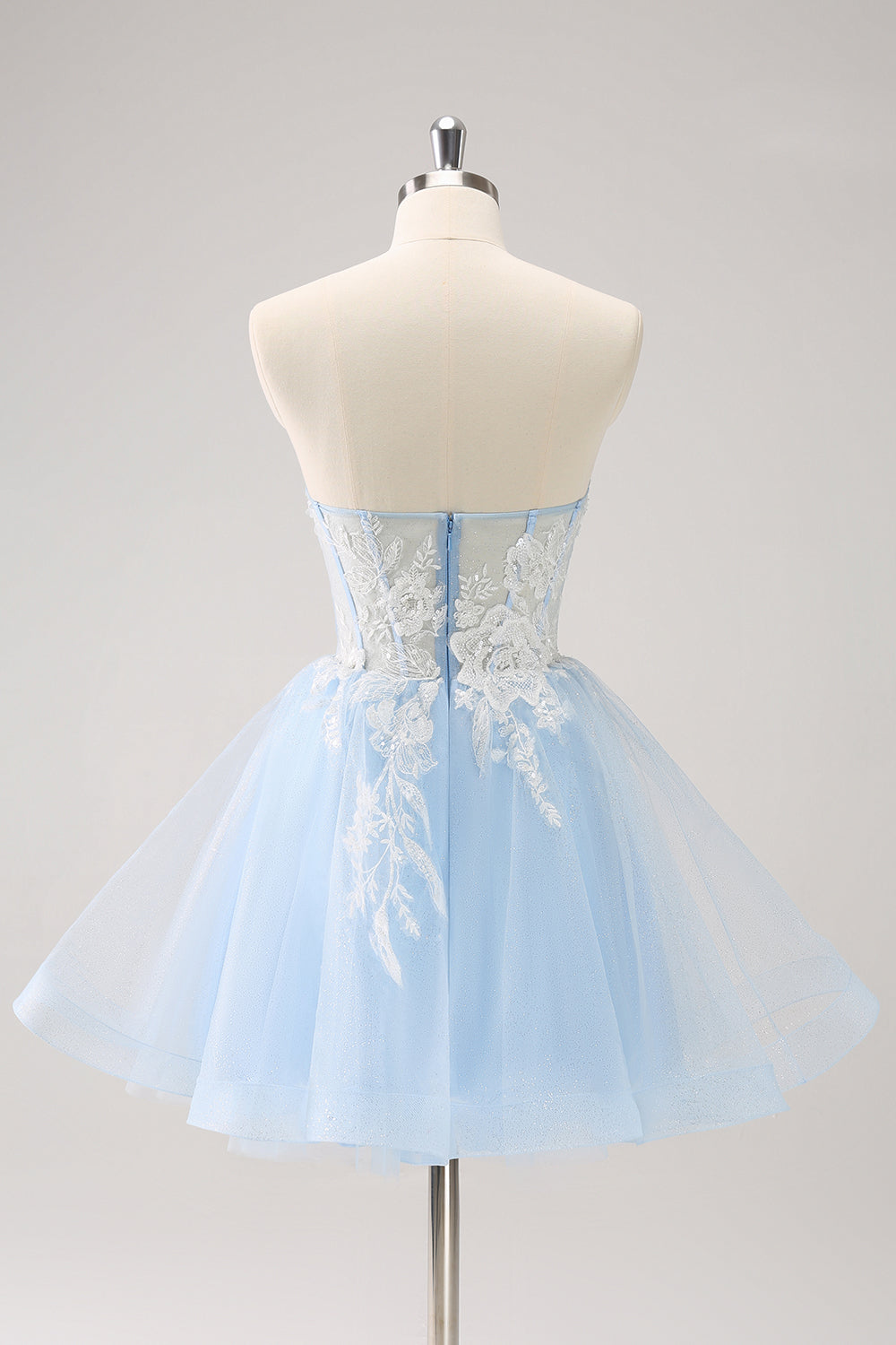 BLUE A-LINE TULLE HOMECOMING DRESS, EMBROIDERED SHORT