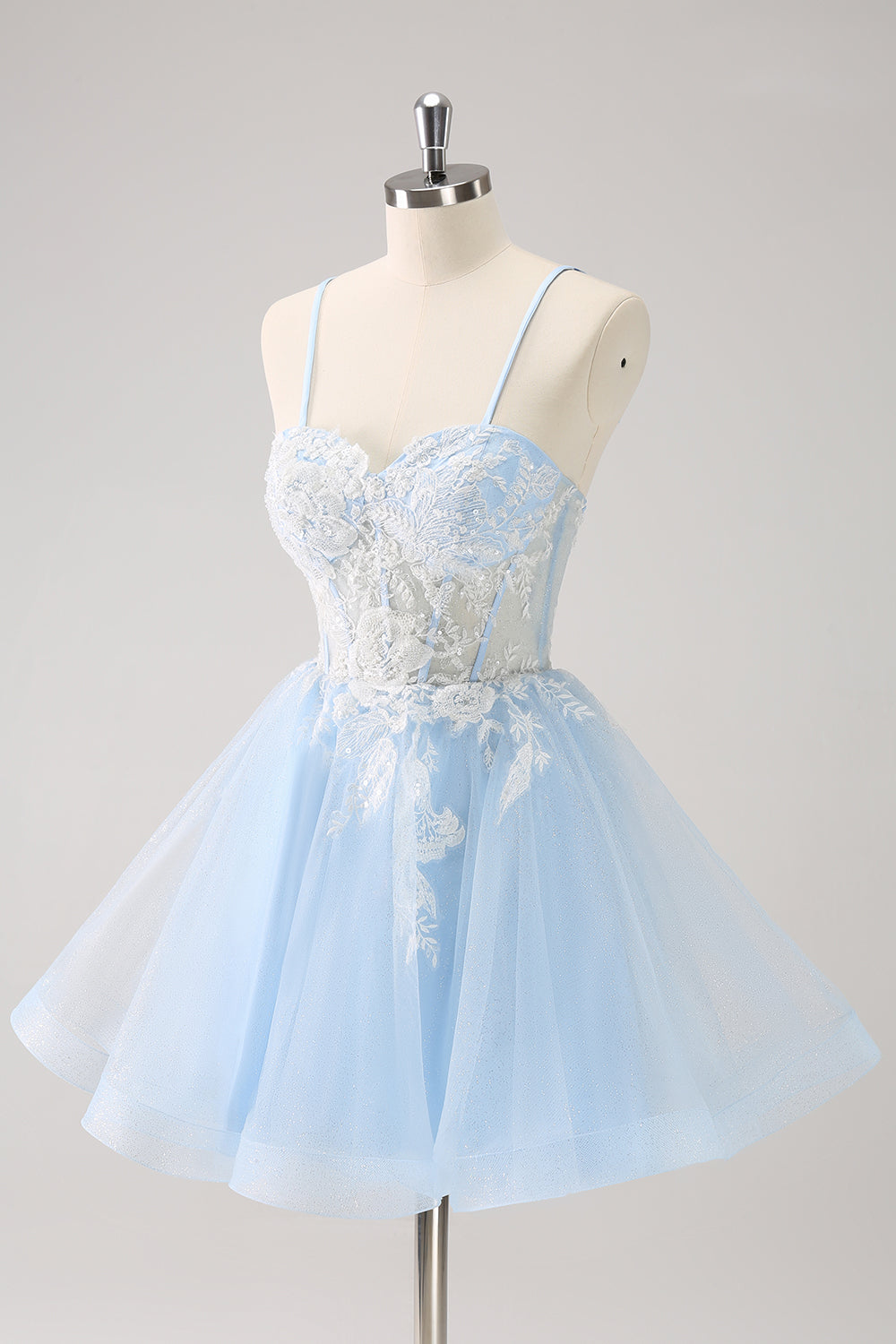 BLUE A-LINE TULLE HOMECOMING DRESS, EMBROIDERED SHORT