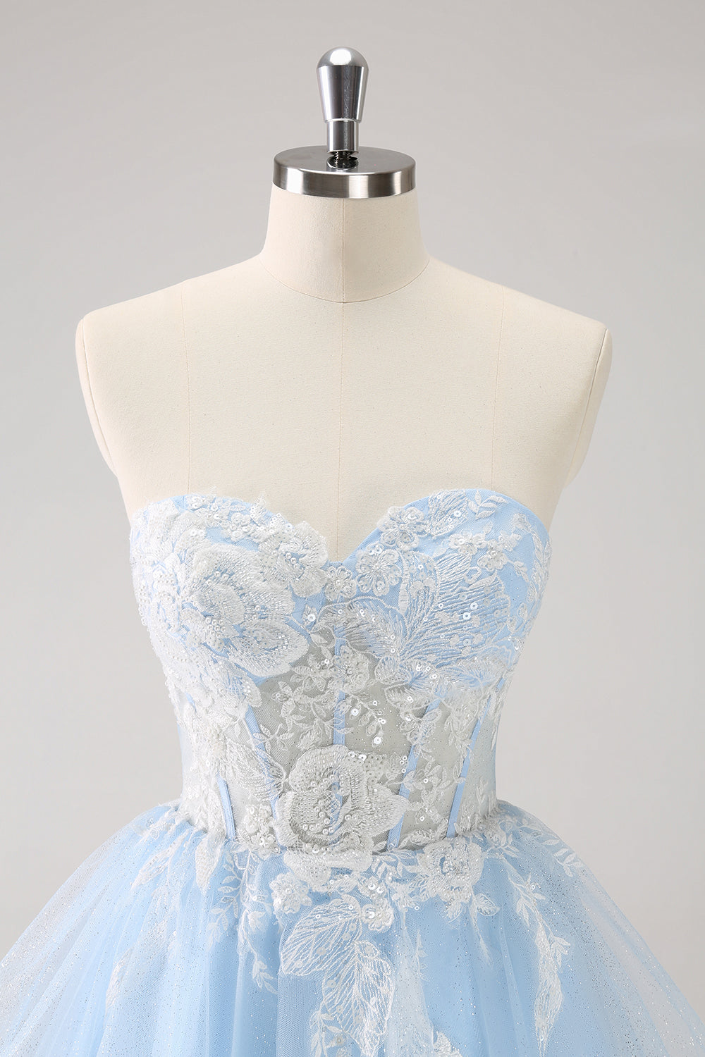 BLUE A-LINE TULLE HOMECOMING DRESS, EMBROIDERED SHORT