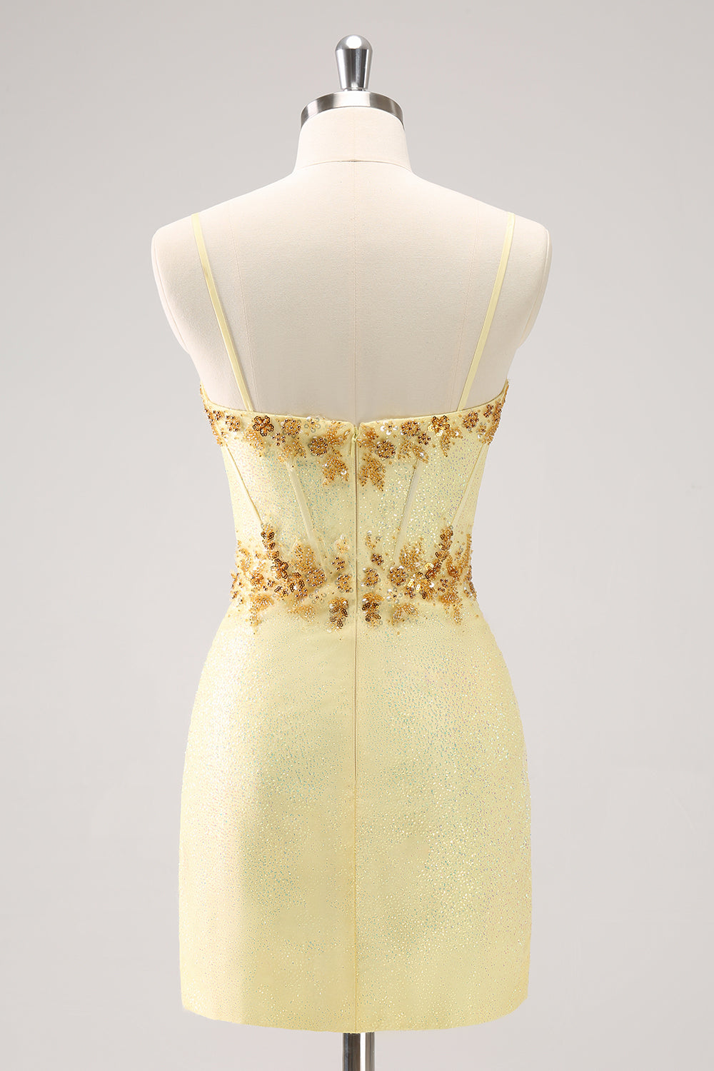 SPARKLY YELLOW SEQUIN SPAGHETTI STRAP HOMECOMING DRESS