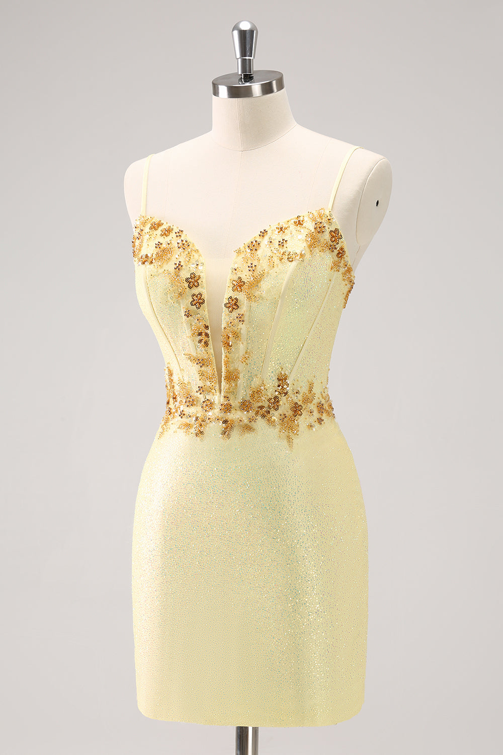 SPARKLY YELLOW SEQUIN SPAGHETTI STRAP HOMECOMING DRESS