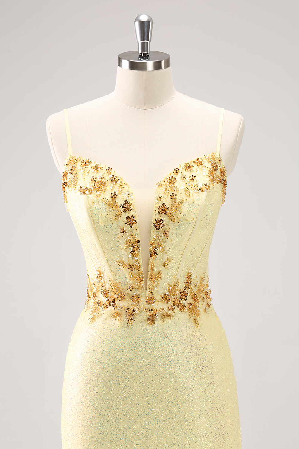 SPARKLY YELLOW SEQUIN SPAGHETTI STRAP HOMECOMING DRESS