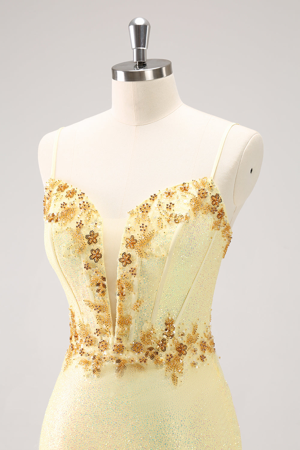 SPARKLY YELLOW SEQUIN SPAGHETTI STRAP HOMECOMING DRESS