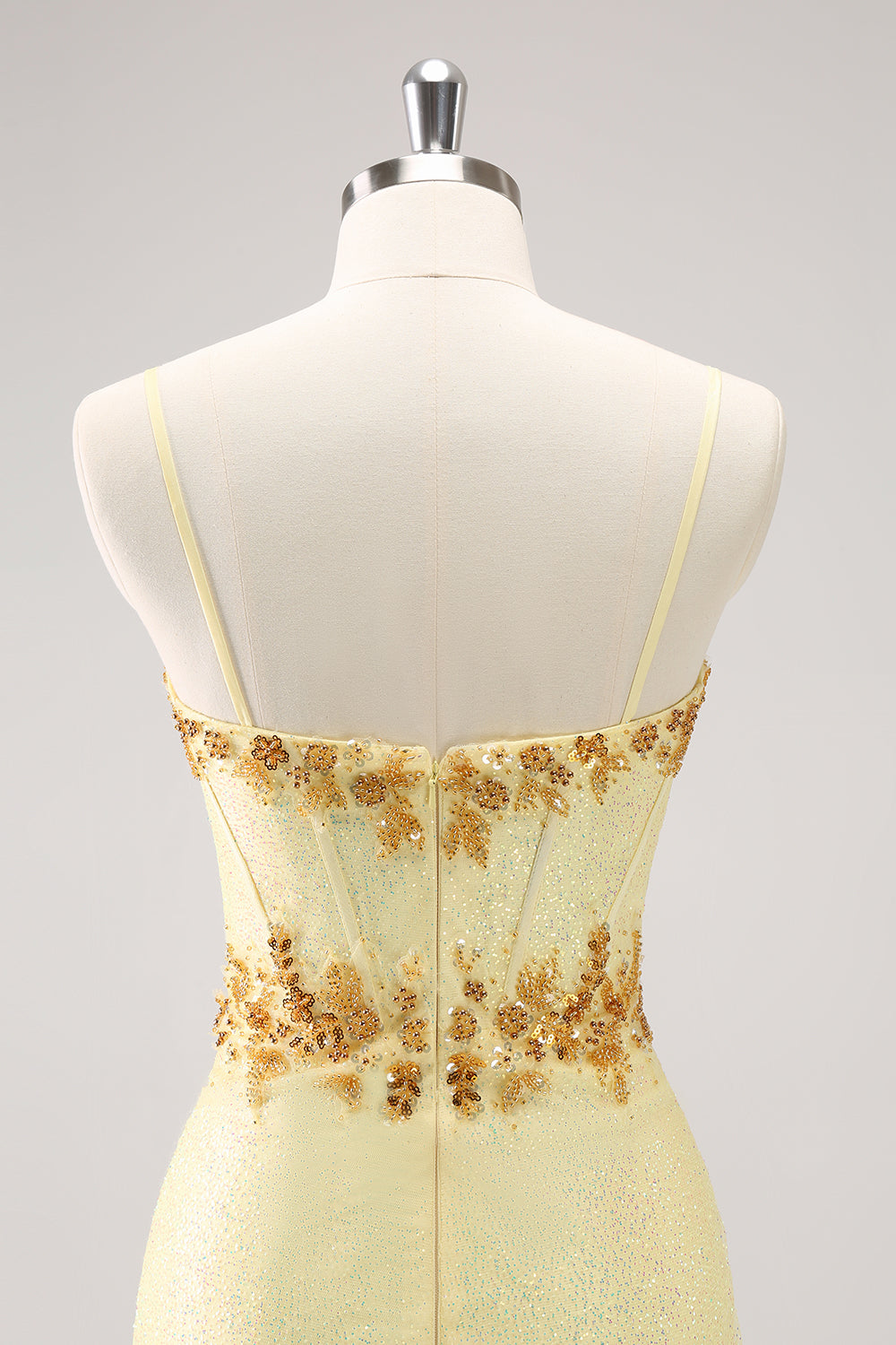 SPARKLY YELLOW SEQUIN SPAGHETTI STRAP HOMECOMING DRESS