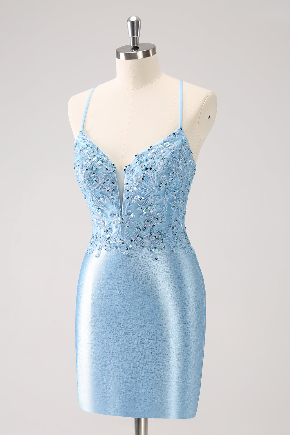 BLUE SPAGHETTI STRAP SEQUIN HOMEcoming MINI DRESS