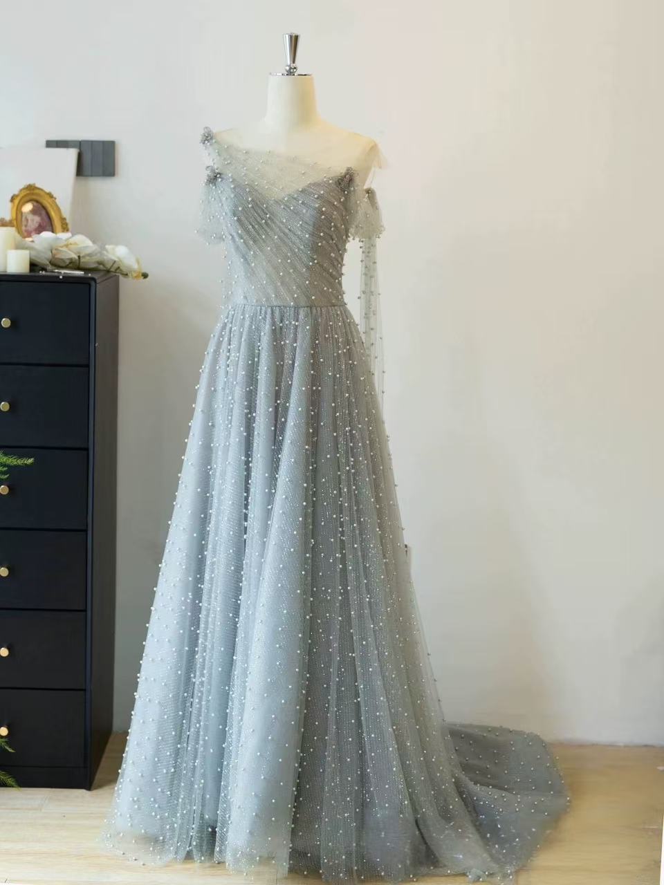DUSTY BLUE ONE-SHOULDER PEARL MAXI EVENING GOWN