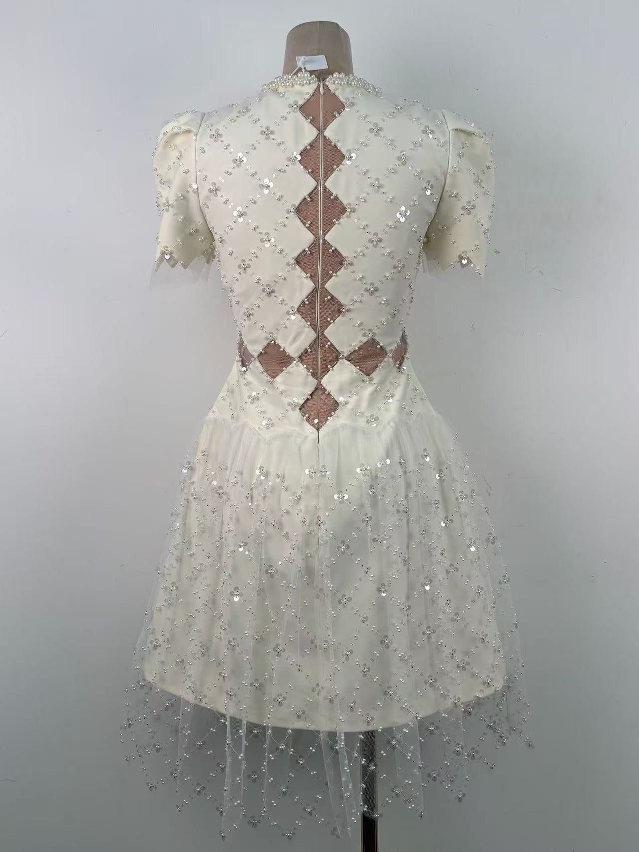 HENRIETTA IVORY SEQUIN MINI DRESS MESH PANEL