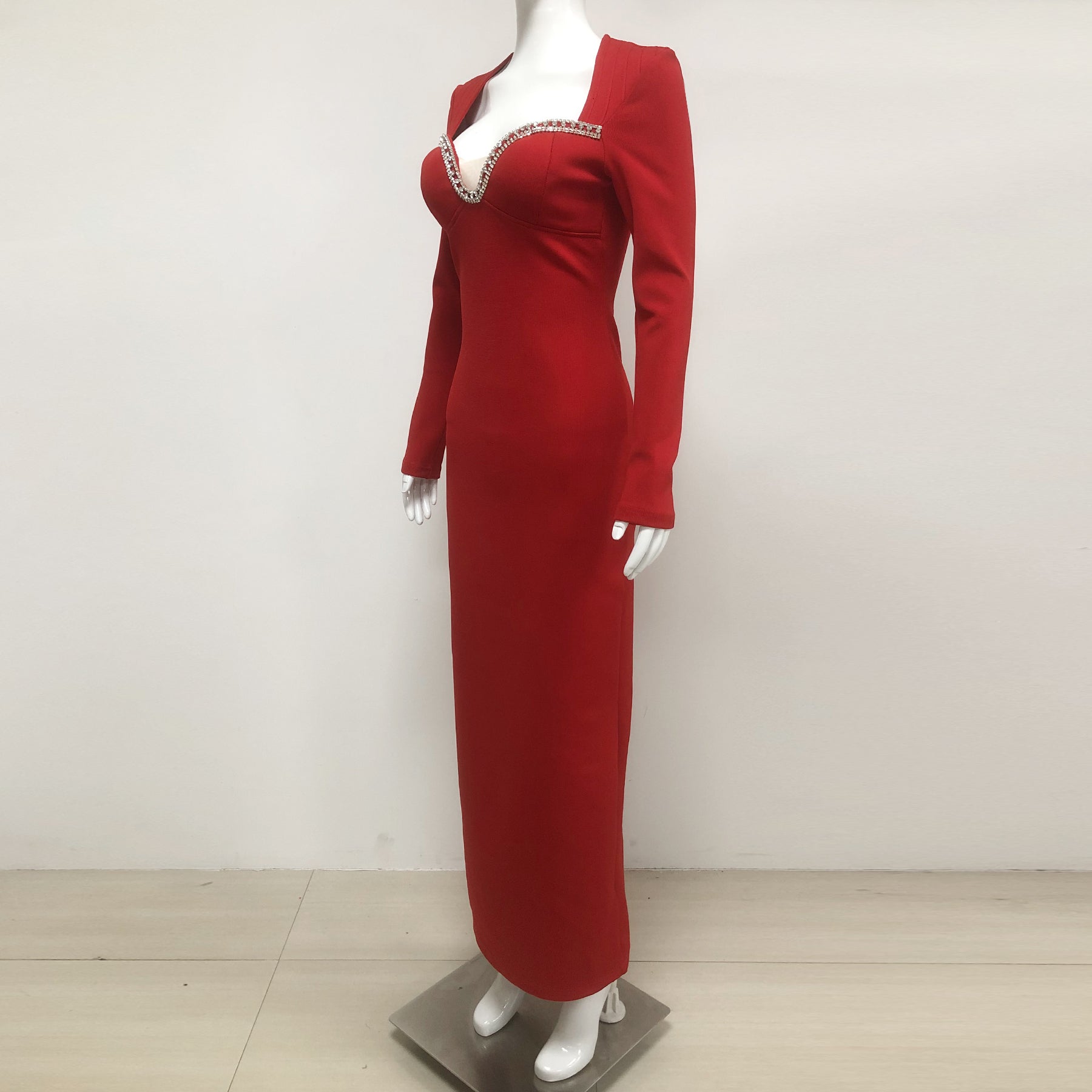 SYLVIA CRYSTAL MAXI DRESS, RED, LONG SLEEVE FORMAL