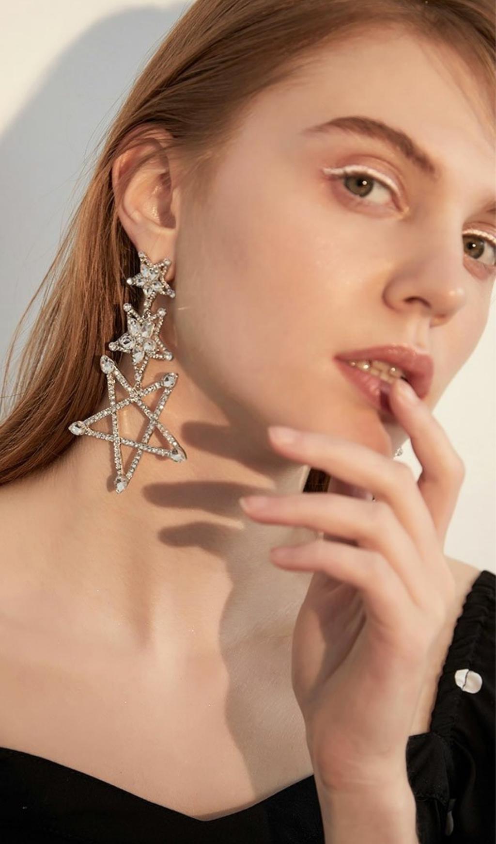 SILVER PENTAGRAM RHINESTONE DROP EARRINGS FOR GOTHIC PARTY