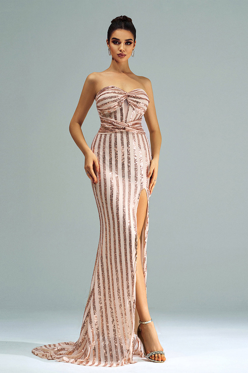 APRICOT MERMAID STRAPLESS SEQUIN SPLIT MAXI DRESS