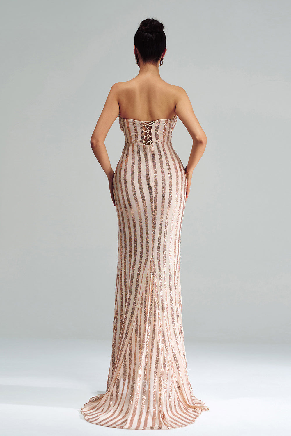 APRICOT MERMAID STRAPLESS SEQUIN SPLIT MAXI DRESS