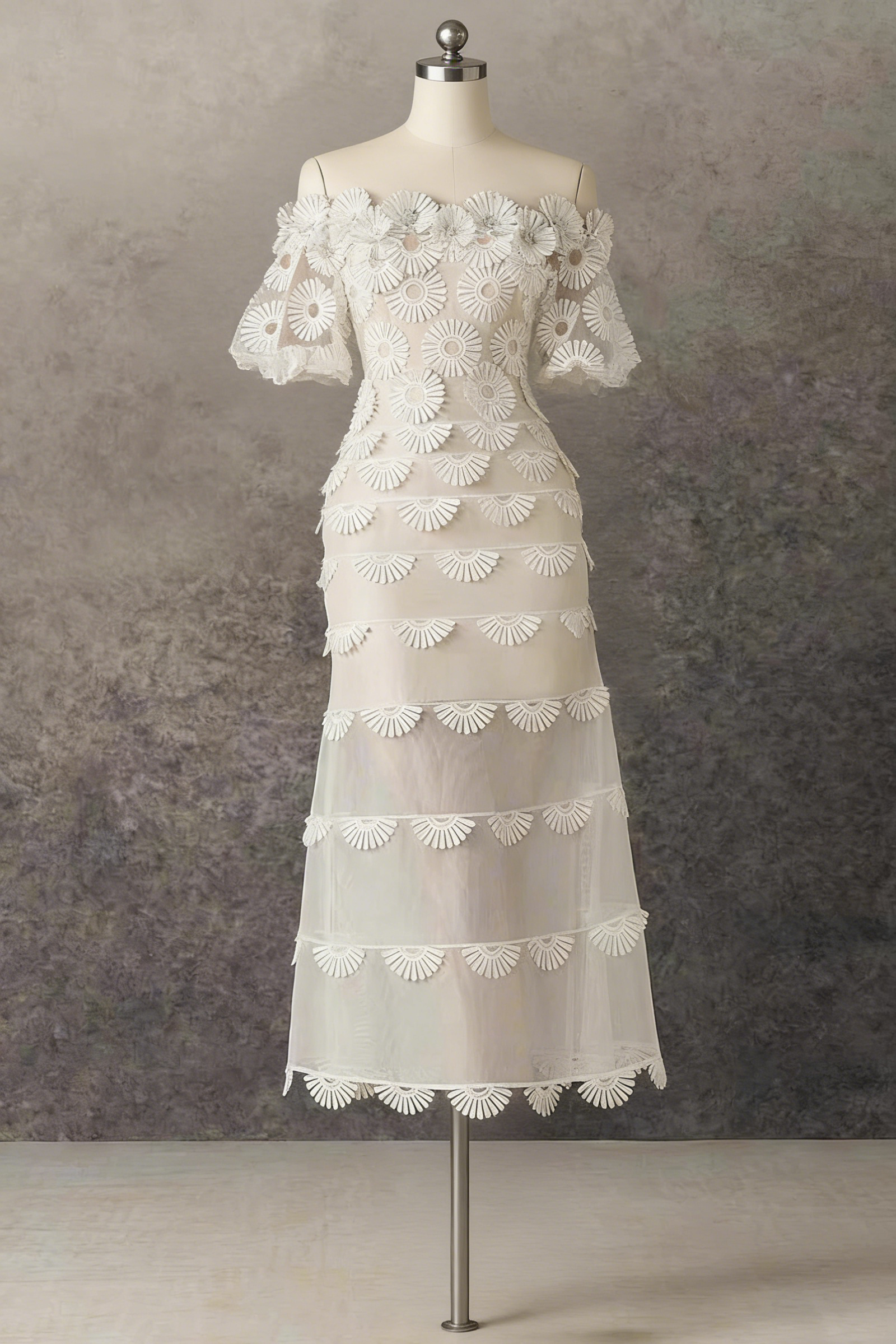 OFF-SHOULDER LACE TIERED MIDI DRESS