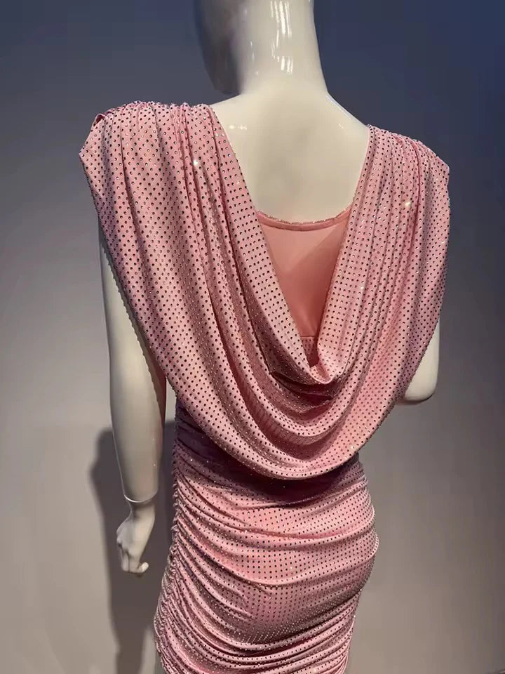 SHINY RHINESTONE PLEATED MINI DRESS PINK