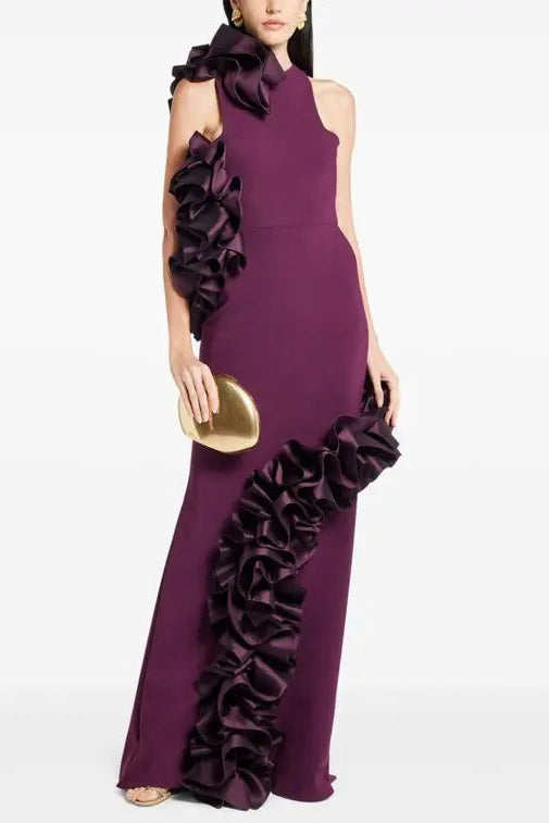JOANNA RUFFLED BODYCON GOWN CLARET EVENING