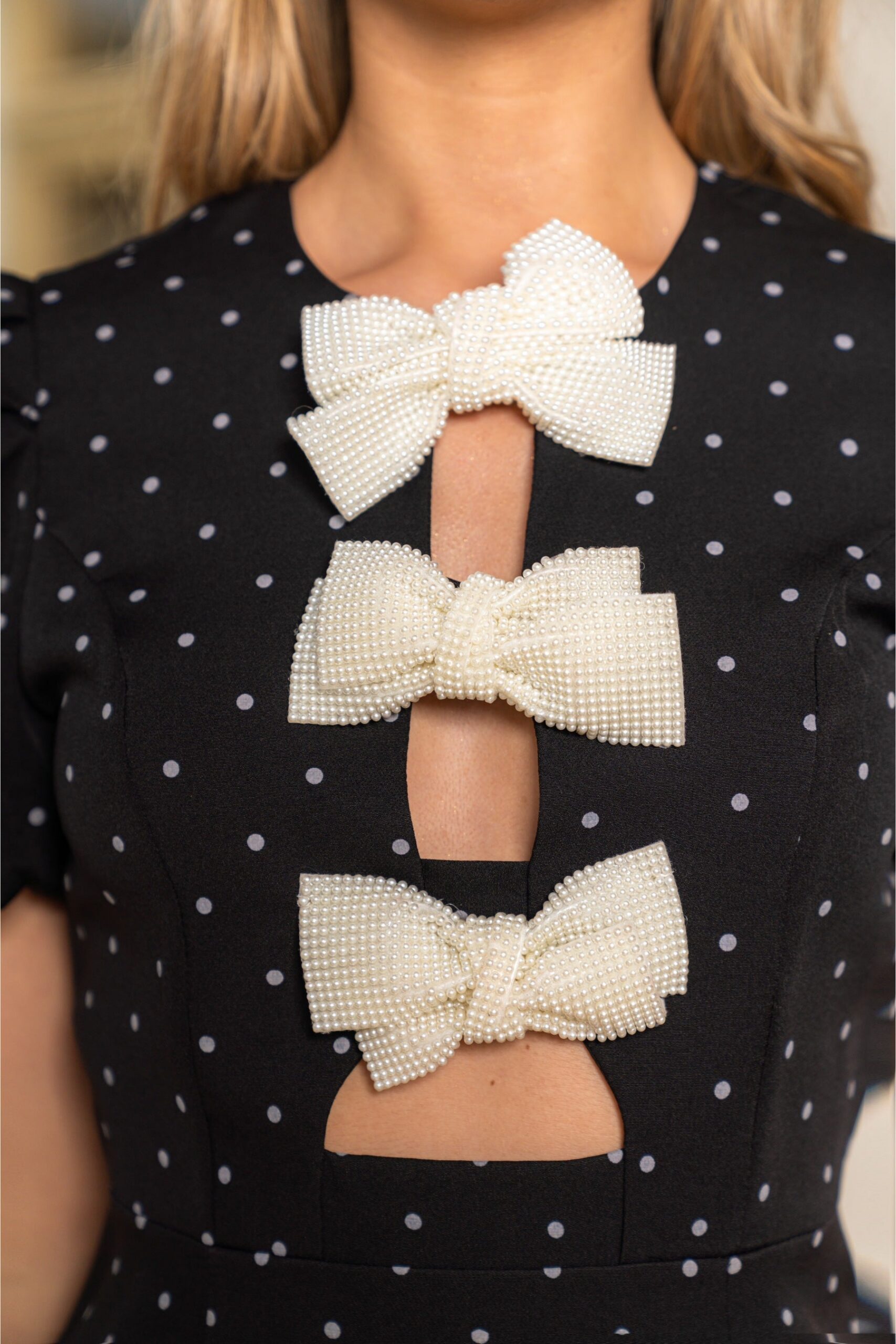 BLACK PEARL RIBBON POLKA DOT SHORT SLEEVE MINI DRESS
