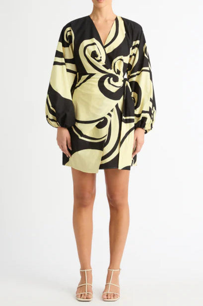 OCEANIC SWIRL PUFF SLEEVE V-NECK MINI DRESS