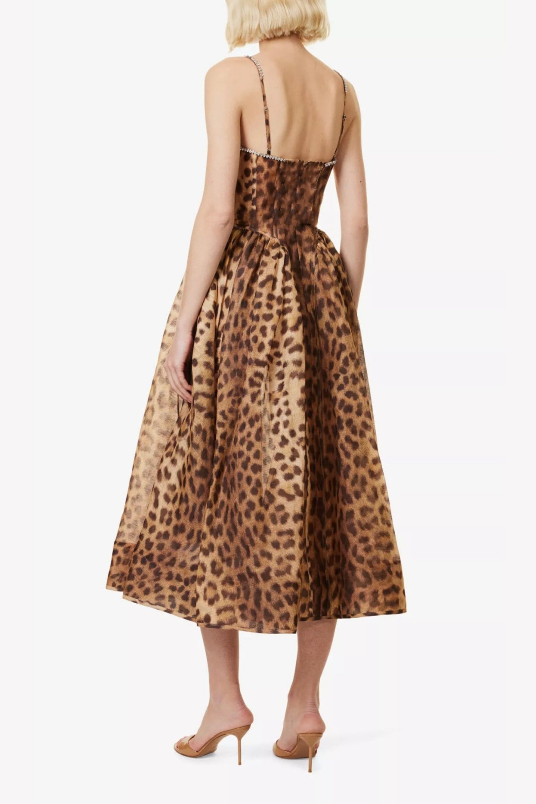 ANIMAL PRINT CRYSTAL BUSTIER A-LINE MIDI DRESS