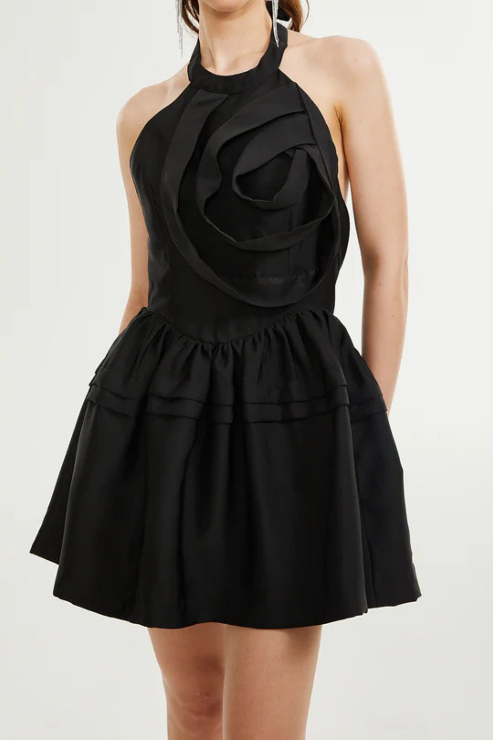 FLORAL APPLIQUÉ HALTER MINI DRESS, BLACK PARTY