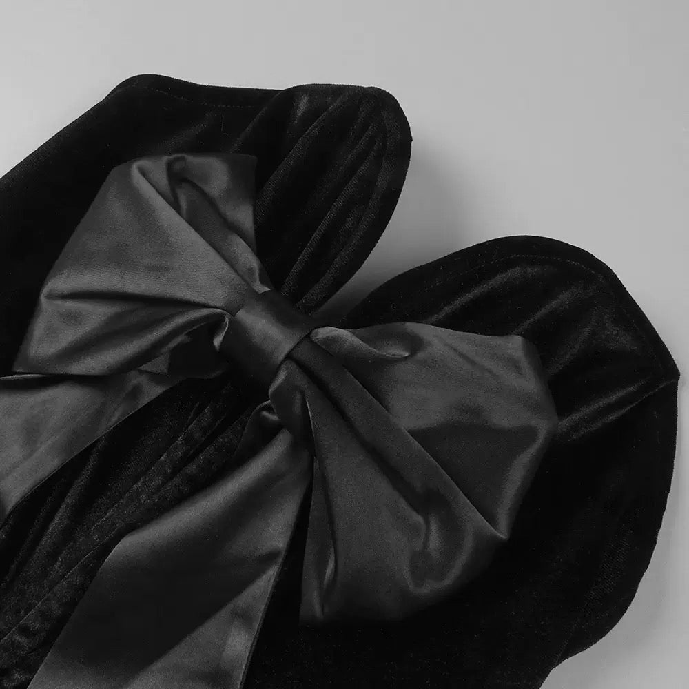 STANSKI STRAPLESS VELVET BOW PUFFY SATIN MINI DRESS