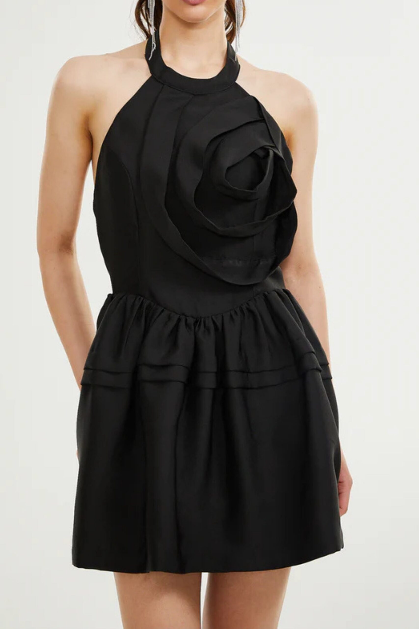 FLORAL APPLIQUÉ HALTER MINI DRESS, BLACK PARTY