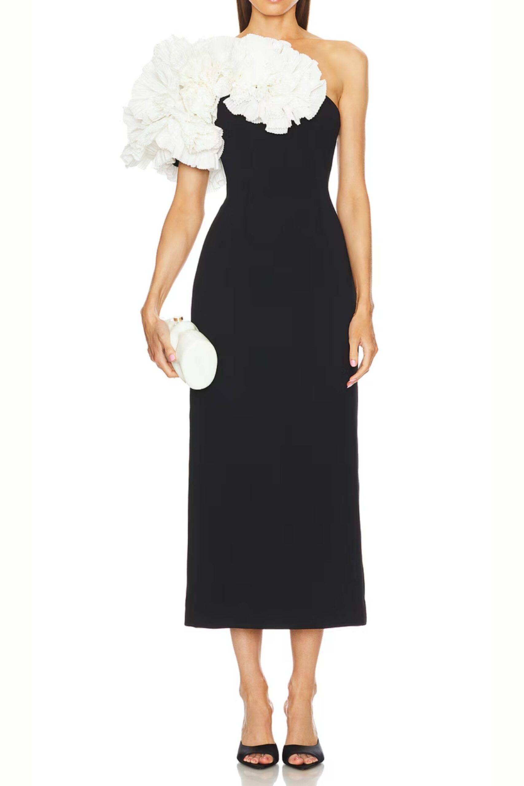 WHITE FLOWER BLACK STRAPLESS MIDI DRESS, EVENING