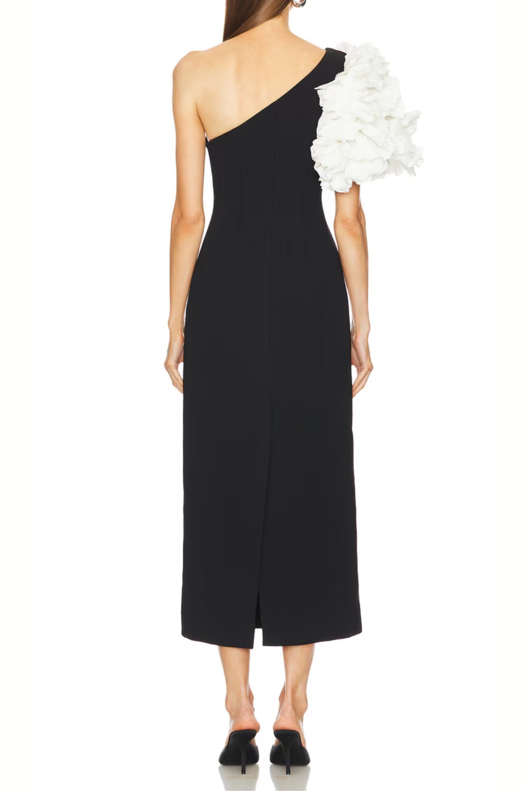 WHITE FLOWER BLACK STRAPLESS MIDI DRESS, EVENING