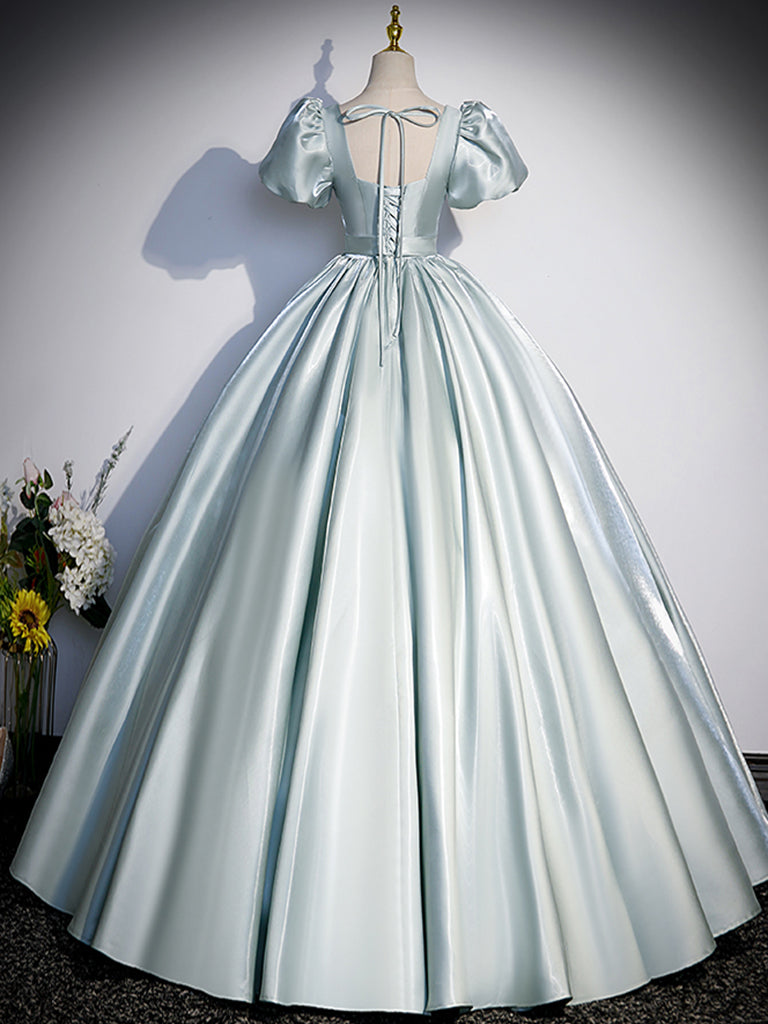 A-LINE BLUE SATIN PROM DRESS