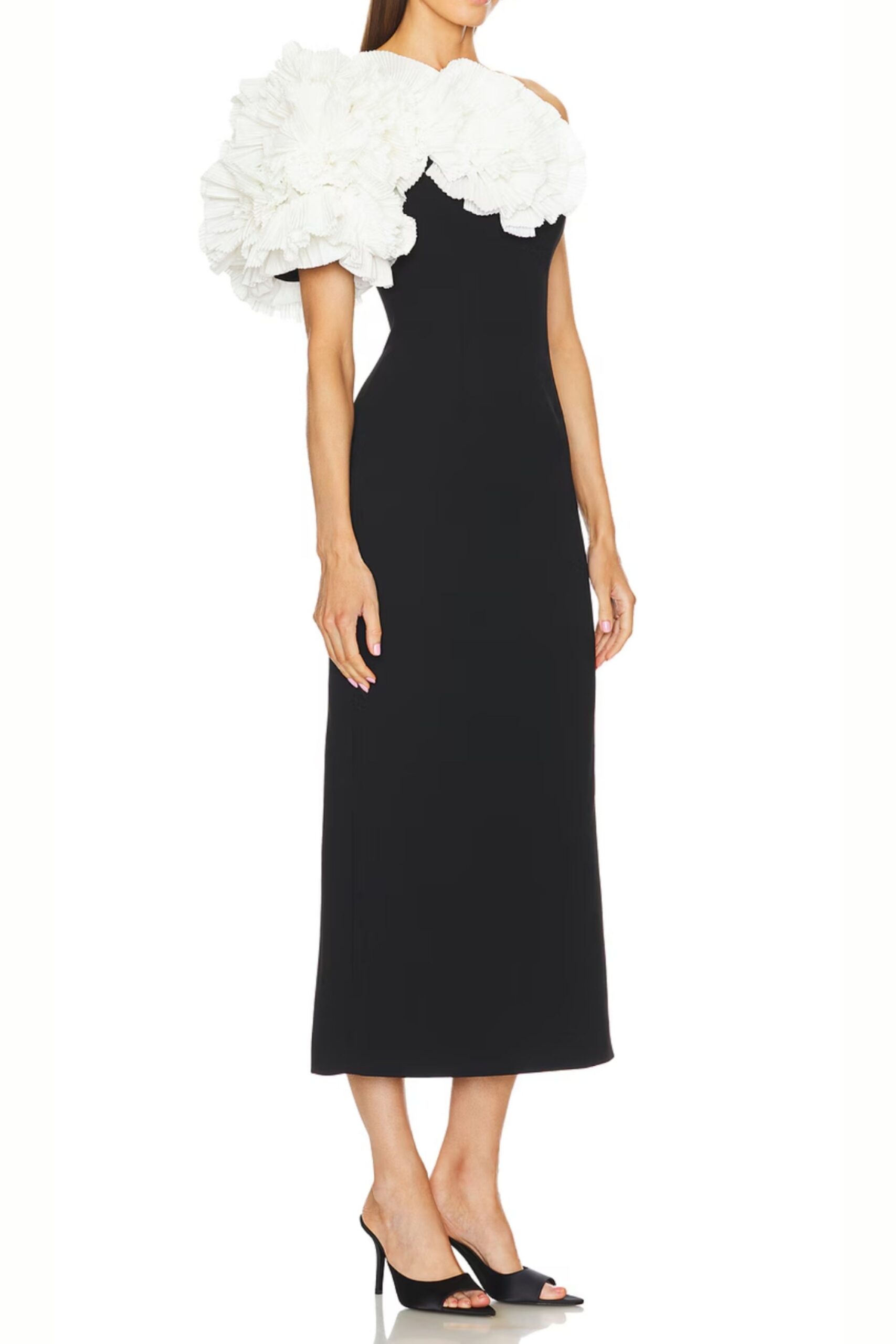 WHITE FLOWER BLACK STRAPLESS MIDI DRESS, EVENING