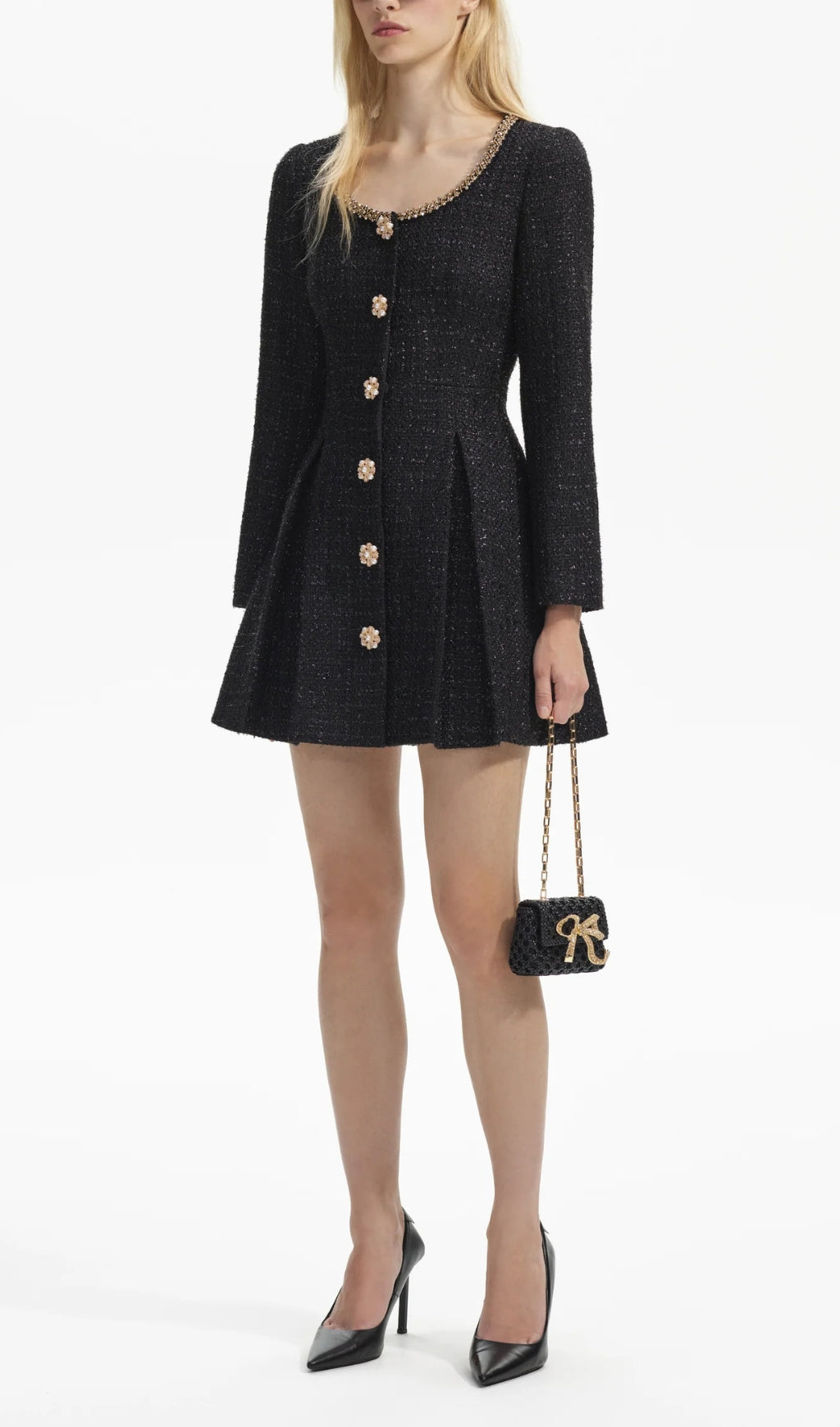 BLACK BOUCLE TAILORED MINI COCKTAIL DRESS